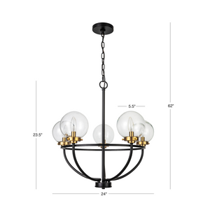 Dimensions for 5 light Global view chandelier with globe clear glass shades.