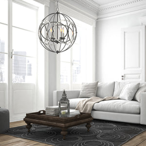 Stirling globe candle style chandelier in a modern living room, hanging above a coffee table.