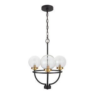 3 light Global view chandelier with globe clear glass shades. Finished in matte black and brushed gold shade holders unlit.