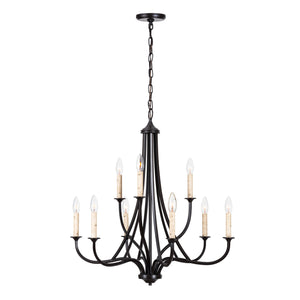 9 Light Eden tiered candle-style chandelier lit.