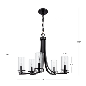 5 Light Devonshire chandelier in matte black finish measurements.