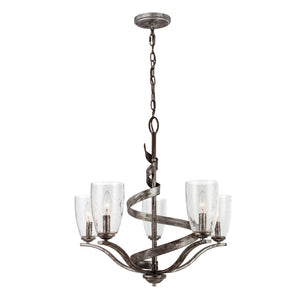 Westbury 5 light chandelier with clear glacial shades lit.