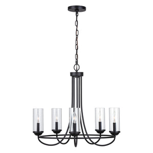 5 light Provincial chandelier with clear glass shades lit.