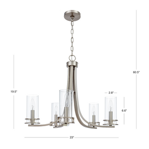5 Light Devonshire chandelier in brushed nickel finish measurements.