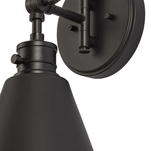 Moti armed metal wall sconce in matte black finish zoomed in view.