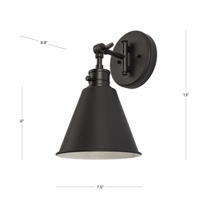 Moti armed metal wall sconce in matte black finish dimensions.
