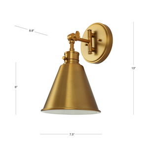 Moti armed metal wall sconce in brushed gold finish dimensions.
