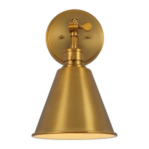 Moti armed metal wall sconce in brushed gold finish lit.