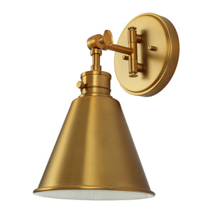 Moti armed metal wall sconce in brushed gold finish unlit.