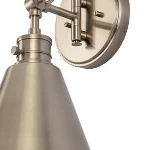 Moti armed metal wall sconce in antique polished nickel finish zoomed in view.