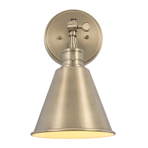 Moti armed metal wall sconce in antique polished nickel finish lit.