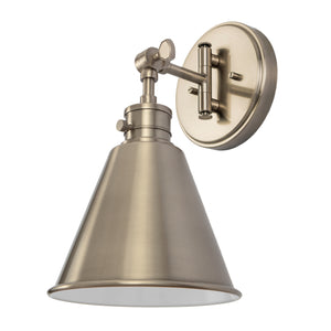Moti armed metal wall sconce in antique polished nickel finish unlit.