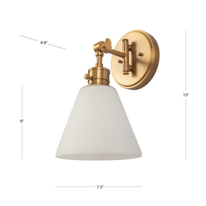 Moti armed sconce with etched glass in brushed gold dimensions.