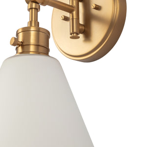 Moti armed sconce with etched glass in brushed gold zoomed in view.