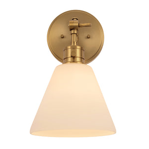 Moti armed sconce with etched glass in brushed gold lit.