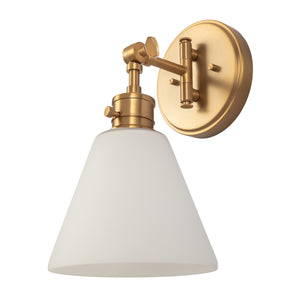 Moti armed sconce with etched glass in brushed gold unlit.