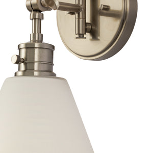 Moti armed sconce with etched glass in antique polished nickel zoomed in view.