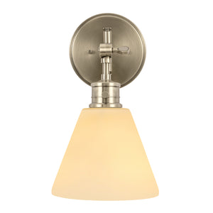 Moti armed sconce with etched glass in antique polished nickel lit.