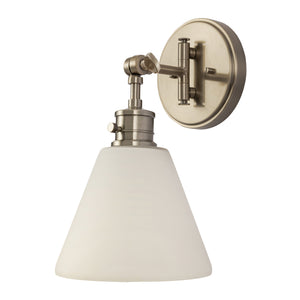 Moti armed sconce with etched glass in antique polished nickel unlit.