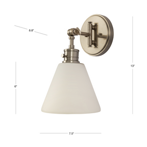 Moti armed sconce with etched glass in antique polished nickel dimensions.