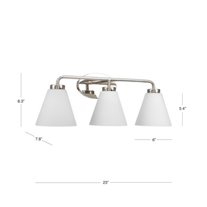 Regis vanity light in polished nickel with etched shade dimensions.