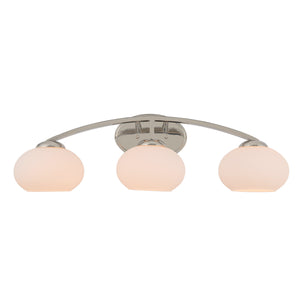 Bisque  vanity light in polished nickel with etched glass shades lit.