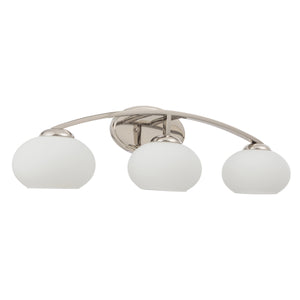Bisque  vanity light in polished nickel with etched glass shades unlit.