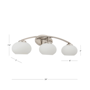 Bisque  vanity light in polished nickel with etched glass shades dimensions.