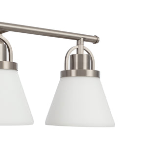 Tula vanity light in antique polished nickel finished with etched shades zoomed in view..