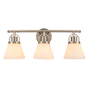 Tula vanity light in antique polished nickel finished with etched shades lit..