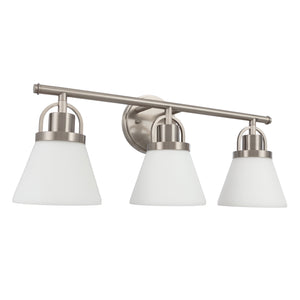 Tula vanity light in antique polished nickel finished with etched shades unlit..