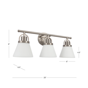 Tula vanity light in antique polished nickel finished with etched shades dimensions..