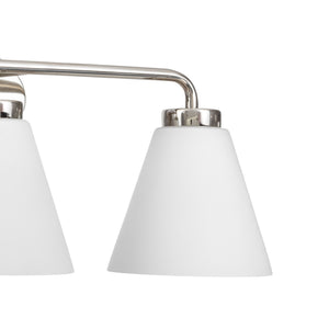 Regis vanity light in polished nickel with etched shade zoomed in view.