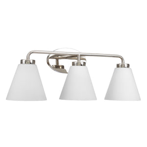 Regis vanity light in polished nickel with etched shade unlit.