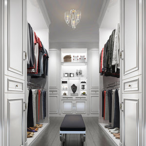 Ribble Valley 3 light semi flush mount with ribbed shades in a walk in closet..