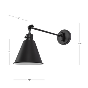 Moti swing arm wall sconce in black dimensions.