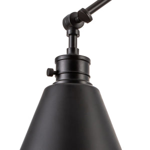 Moti adjustable swing arm wall sconce in matte black zoomed in.