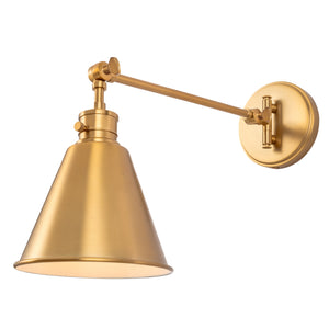Moti swing arm wall sconce in brushed gold lit.