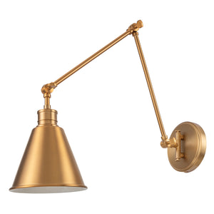 Moti adjustable swing arm wall sconce in brushed gold unlit.