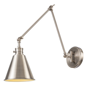Moti adjustable swing arm wall sconce in antique polished nickel lit.