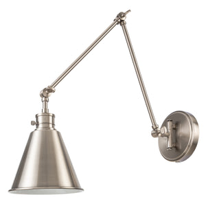 Moti adjustable swing arm wall sconce in antique polished nickel unlit.