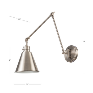 Moti adjustable swing arm wall sconce in antique polished nickel dimensions.