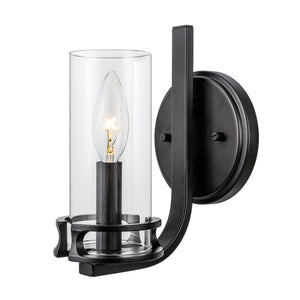 Devonshire bathroom sconce in matte black lit.