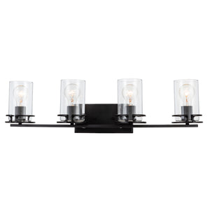 4 light Devonshire vanity light in matte black lit.