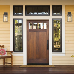 2 Callaway outdoor wall lights hung on either side of an entry door of a house.