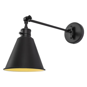 Moti swing arm wall sconce in black lit.