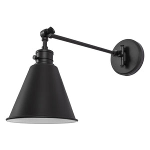 Moti swing arm wall sconce in black unlit.