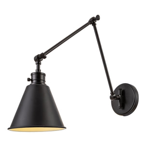 Moti adjustable swing arm wall sconce in matte black lit.