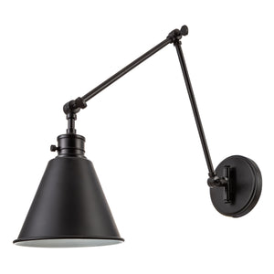 Moti adjustable swing arm wall sconce in matte black unlit.